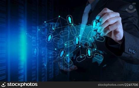 businessman working with new modern computer show social network structure 