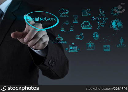 businessman working with new modern computer show social network structure