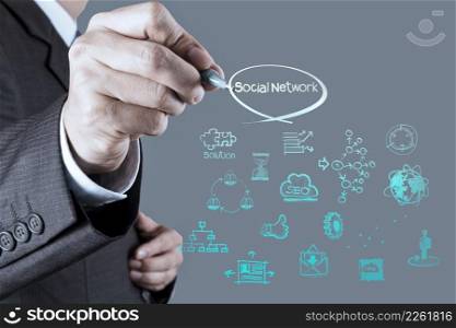 businessman working with new modern computer show social network structure