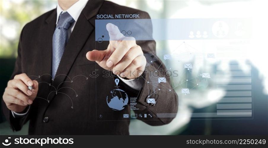 businessman working with new modern computer show social network structure as concept