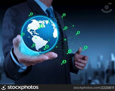 businessman working with new modern computer show social network structure on the earth