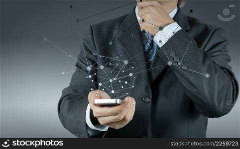 businessman working with new smart phone show social network structure