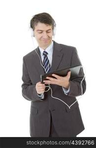 businessman working with tablet pc and headphones, isolated