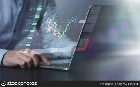 Businessman working with using computer of financial and analyzing sales data , Finance analyst using laptop analyzing stock market data, Stock market analysis, global economy, finance and investment.
