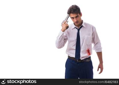 Businessman wounded in gun fight isolated on white