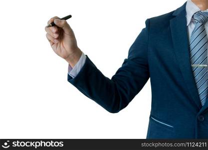 Businessman writing, drawing on the screen, blank transparent whiteboard with copy space, isolated on white background