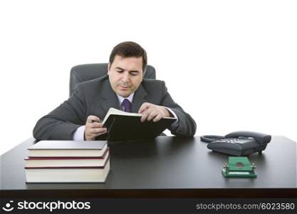 businessman writing on a desk, isolated on white background