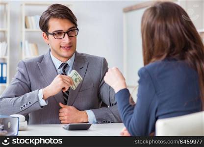 Businessmanbeing offered bribe for breaking law. Businessman being offered bribe for breaking law