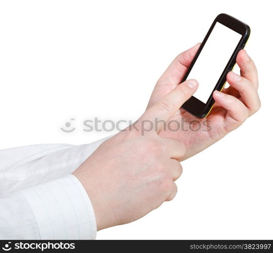 businessmanl touching smartphone with cut out screen isolated on white background