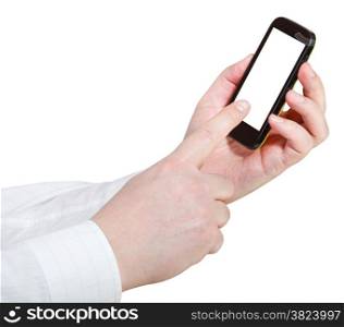 businessmanl touching smartphone with cut out screen isolated on white background