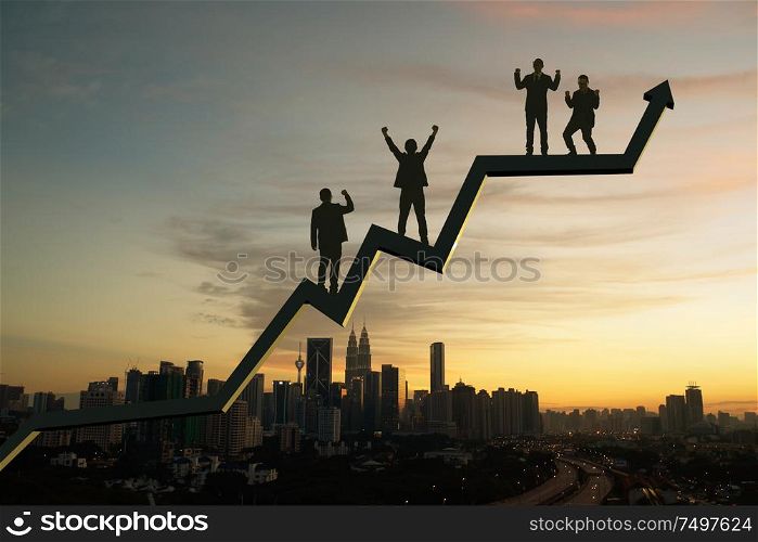 Businessmans and charts with sunrise city skyline background . Financial economic growth concept