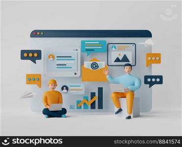 Businessmans surfing the internet for working and communicating on social media, 3d illustration.
