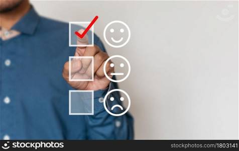 Businessmen choose to rating score happy icons with copy space. Customer service experience and business satisfaction survey concept
