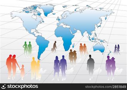 businessmen, couples and individuals on a map with all countries of the world
