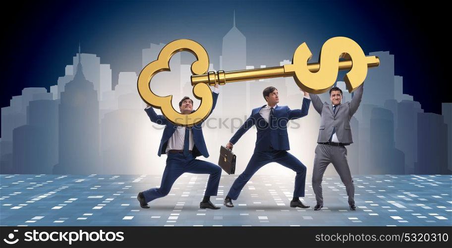 Businessmen holding giant key in finance concept