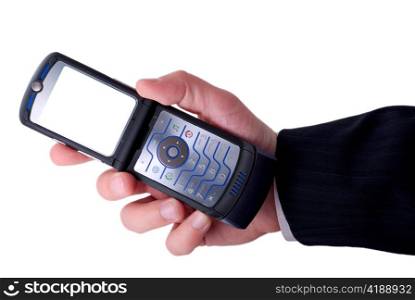 businessmen holds mobile phone. the screen is cut with clipping path