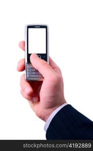 businessmen holds mobile phone. the screen is cut with clipping path