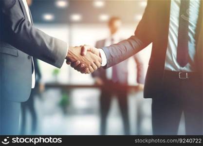 Businessmen making handshake in the city - business etiquette, congratulation, merger and acquisition concepts, panoramic banner. Neural network AI generated art. Businessmen making handshake in the city - business etiquette, congratulation, merger and acquisition concepts, panoramic banner. Neural network AI generated