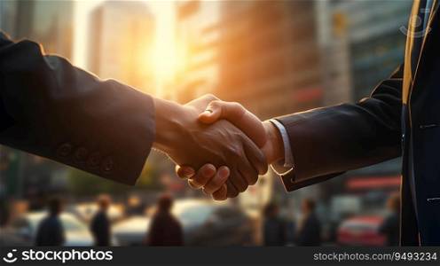 Businessmen making handshake with partner, greeting, dealing, merger, and acquisition. Business joint venture, Teamwork, and successful business Concept. Generative Ai.