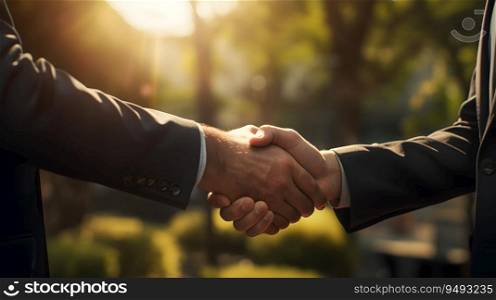 Businessmen making handshake with partner, greeting, dealing, merger, and acquisition. Business joint venture, Teamwork, and successful business Concept. Generative Ai.