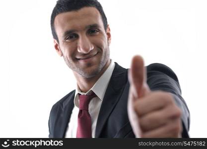 Businessmen making his thumb up saying OK sign symbol isolated on white background in studio