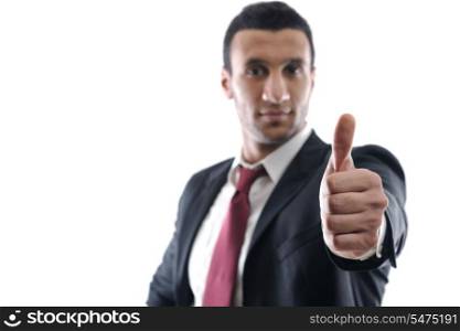 Businessmen making his thumb up saying OK sign symbol isolated on white background in studio