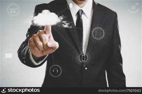 Businessmen press to the cloud server, the future network cloud services business concept .