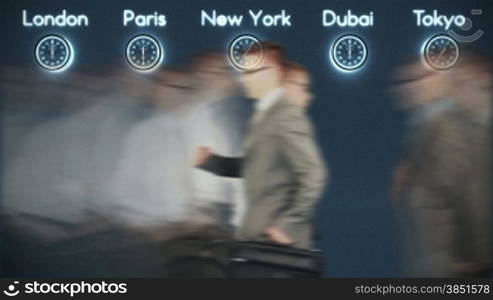 Businessmen Rush Hour with World Clocks on Background in Dark Room, loop