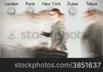 Businessmen Rush Hour with World Clocks on Background, loop