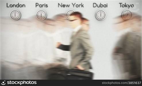 Businessmen Rush Hour with World Clocks on Background, loop