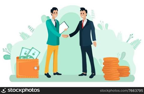 Businessmen shacking hands and discussing a deal and business issues. Work collaboration, workers communicate, partnership, wallet with cash, gold coins vector. Businessmen Shaking Hands, Partnership Vector
