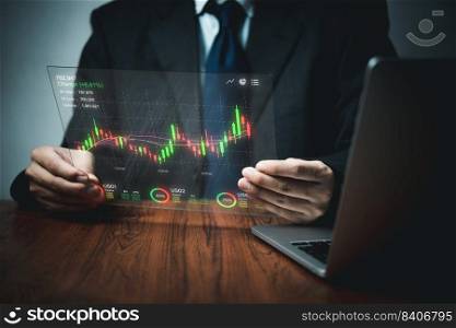 Businessmen stock market trading at computer laptop.Business finance analysis growth indicators of positive growth and marketing investment forex exchange planning concept