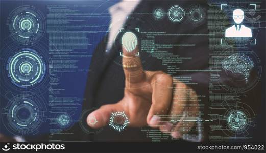 Businessmen touch the on-screen instructions to scan fingerprints to verify personal information with the best security system and the most advanced technology.