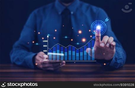Businesspeople analyzing company financial balance sheet working with digital virtual graphics