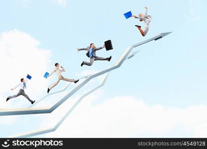 Businesspeople jumping. Young businesspeople jumping on white arrows. Growth concept