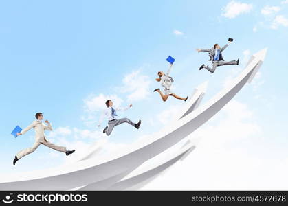 Businesspeople jumping. Young businesspeople jumping on white arrows. Growth concept