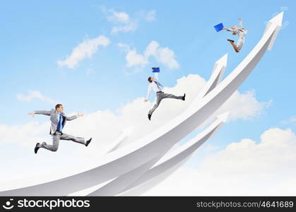 Businesspeople jumping. Young businesspeople jumping on white arrows. Growth concept