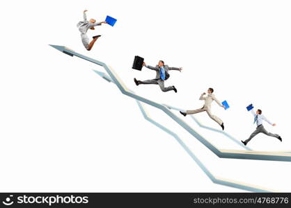 Businesspeople jumping. Young businesspeople jumping on white arrows. Growth concept