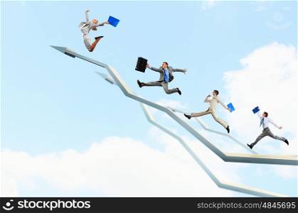 Businesspeople jumping. Young businesspeople jumping on white arrows. Growth concept