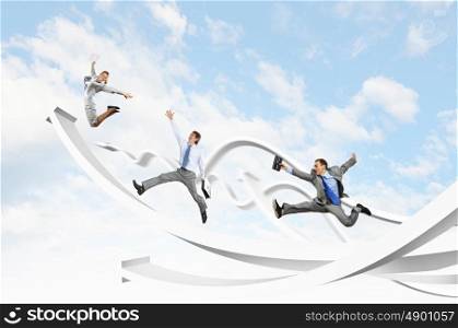 Businesspeople jumping. Young businesspeople jumping on white arrows. Growth concept