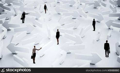 Businesspeople lost in maze. Confused businesspeople in labyrinth trying to find right way