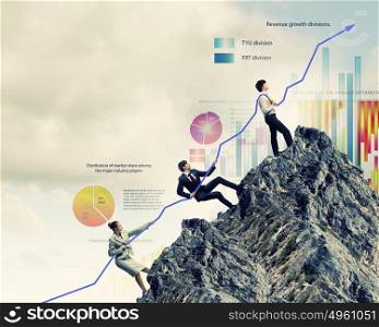 Businesspeople pulling graph. Image of young businesspeople pulling graph. Chart growth concept
