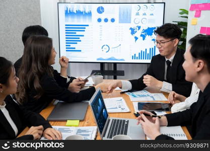 Businesspeople shake hand after successful agreement or meeting. Office worker colleague handshake with business team leader manager for strong teamwork in office to promote harmony and unity concept.. Employees shake hand for symbol of harmony after successful business meeting.