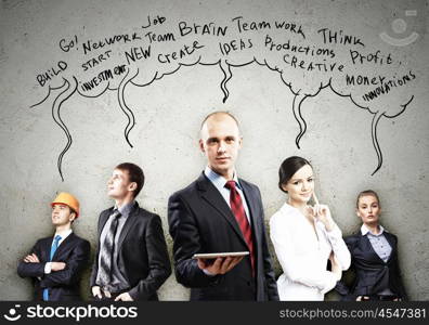 Businesspeople team posing. Image of young businesspeople team. Collage background