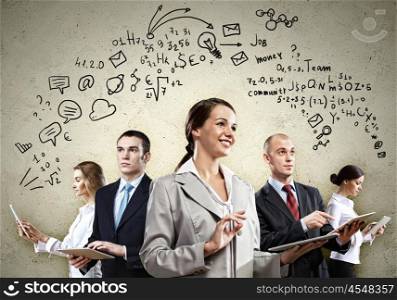 Businesspeople team posing. Image of young businesspeople team. Collage background