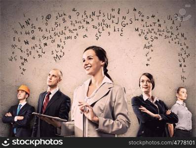 Businesspeople team posing. Image of young businesspeople team. Collage background