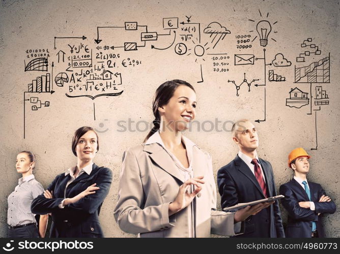 Businesspeople team posing. Image of young businesspeople team. Collage background