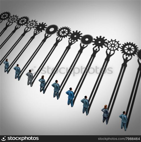 Businesspeople teamwork gears business concept as a diverse group of businessmen and businesswomen working together with cast shadows holding cogwheels connected in a corporate partnership for team success.