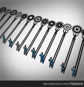 Businesspeople teamwork gears business concept as a diverse group of businessmen and businesswomen working together with cast shadows holding cogwheels connected in a corporate partnership for team success.