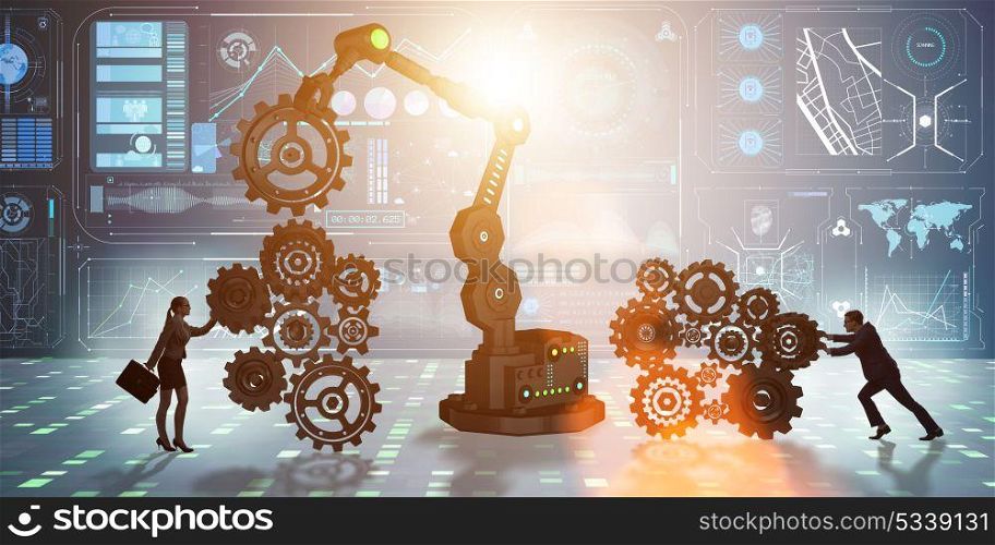 Businesspeople with cogwheel and robotic arm